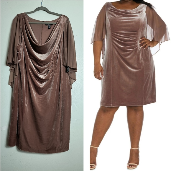 R & M Richards Velvet Drape Slv Midi Sheath Dress Women's Size 20W Latte - Picture 1 of 11